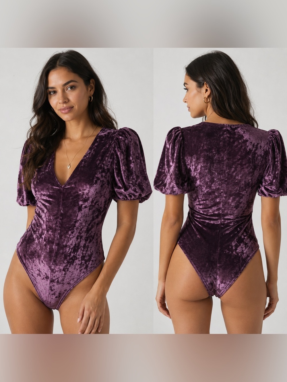 Free People Velvet Puff Sleeve Bodysuit in Plum